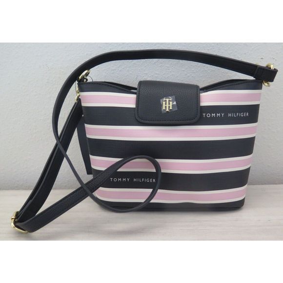 Tommy Hilfiger 69J5583 001 Pink/Black Striped PU Leather Crossbody Bag $108 - Picture 1 of 11